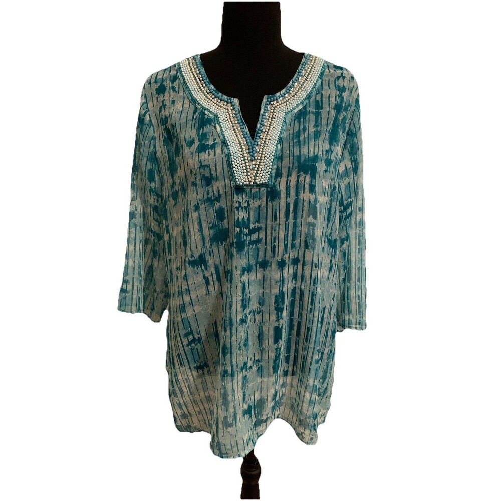 Chicos Size 2 Womens Large Top Embellished Beaded Neckline Semi Sheer
